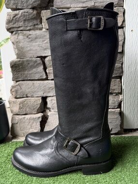 Frye Veronica Slouch Black Leather Dual Buckle Straps Women’s Boots
